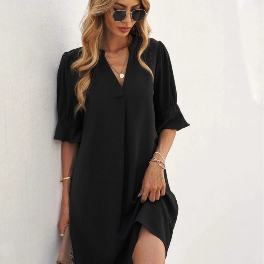 LUNE Notched Neck Flounce Sleeve Tunic Dress - Picture 3 of 5
